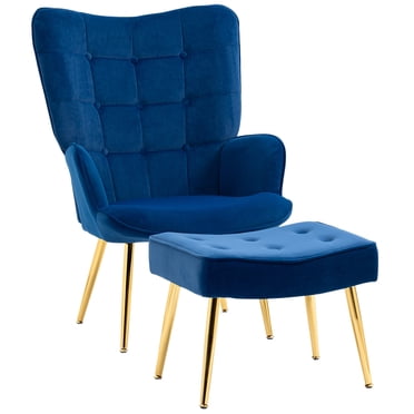 HOMCOM Fauteuil d'Appoint Moderne avec Ottoman Fauteuil Rembourré Bleu Foncé