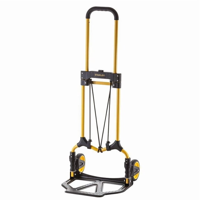 Steel Folding Hand Truck Soft Grip Handle with yellow steel frame, black polypropylene base plate 39 x 29 cm, two 12.7 x 4 cm rubber wheels, elastic cord, foldable for compact storage and versatile utility in homes and vehicles.