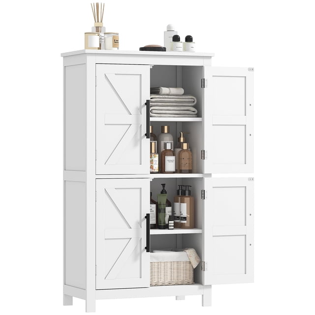 HOMCOM Armoire de Rangement pour Salle de Bain, Armoire de Plancher Style Ferme avec Portes, Blanc. Cette Armoire Présente un Système d'Étagères à 4 Niveaux avec Tablettes Ajustables pour une Organisation Personnalisable. les Portes de Grange de Style Ferme avec Poignées en Métal Ajoutent du Charme, pendant Que la construction Robuste en MDF Assure la Durabilité. l'Armoire Comprend des Portes Magnétiques pour un Fonctionnement Fluide, une Conception Anti-Basculement, et des Patins de Pieds pour la Sécurité et la protection du Plancher. les Dimensions Sont de 23,6 Pouces de long, 11,8 Pouces de Large et
