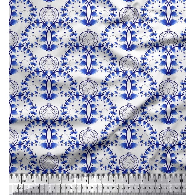 Soimoi Polyester Crepe Fabric Floral,Fish & Deer Artistic Decor Fabric Printed Yard 52 Inch Wide