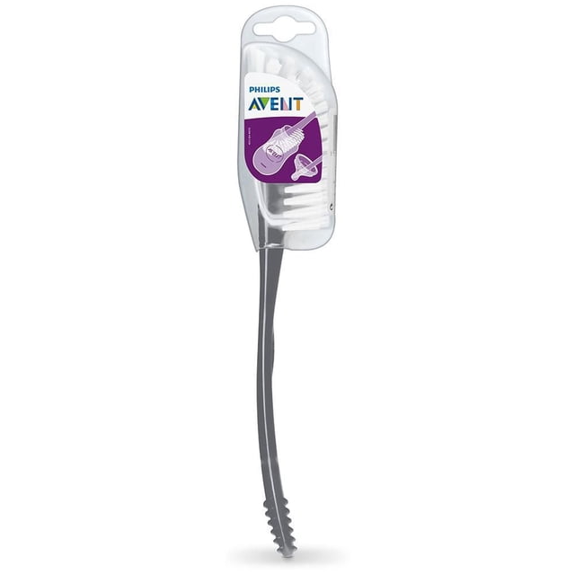 Philips Avent Brosse pour Biberon et Tétine, Gris, SCF145/18, avec une Tête de Brosse à Poils Blancs Courbés et une Pointe Moulée pour Nettoyer les Biberons et les Tétines, Attachée à un long Manche Gris avec Prise Texturée, Emballée en Plastique Transparent avec la Marque Philips Avent.