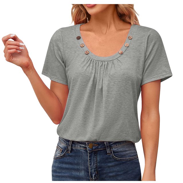 lcziwo Camisoles Habillées pour Femmes 2024, Débardeurs d'Été pour Femmes, Chemisier T-Shirt à Manches Courtes à Boutons pour Femme Froncé à Col Rond Décontracté, Gris, TG