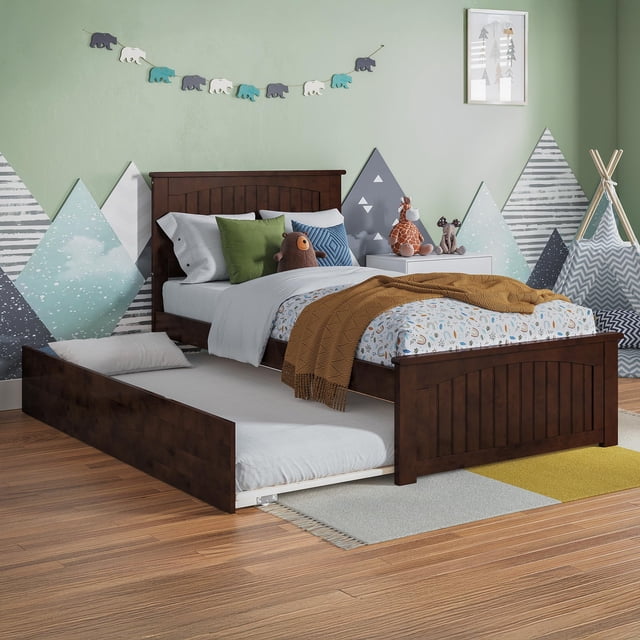 Nantucket Lit Plateforme Simple avec Pied de Lit Assorti et Tiroir-Lit Simple en Noyer