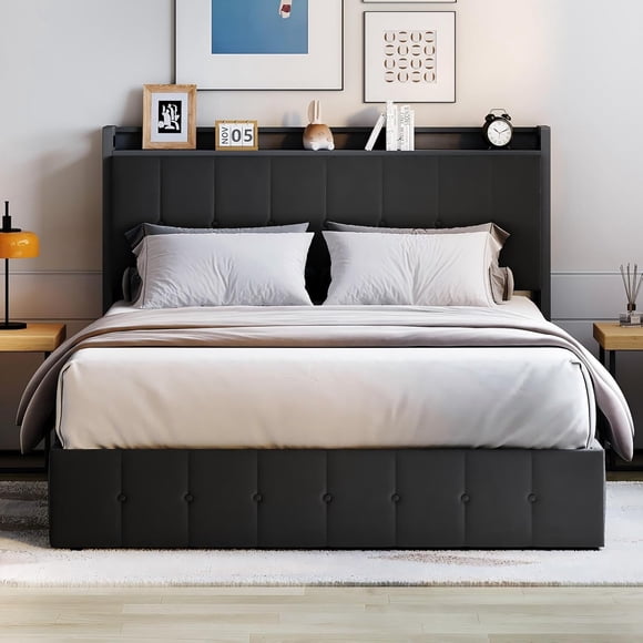 Queen Bed Frame with Lift Up Storage, Upholstered Velvet Bed with Storage Headboard, Metal Platform Bed, Hydraulic Support, No Box Spring Needed, Black
