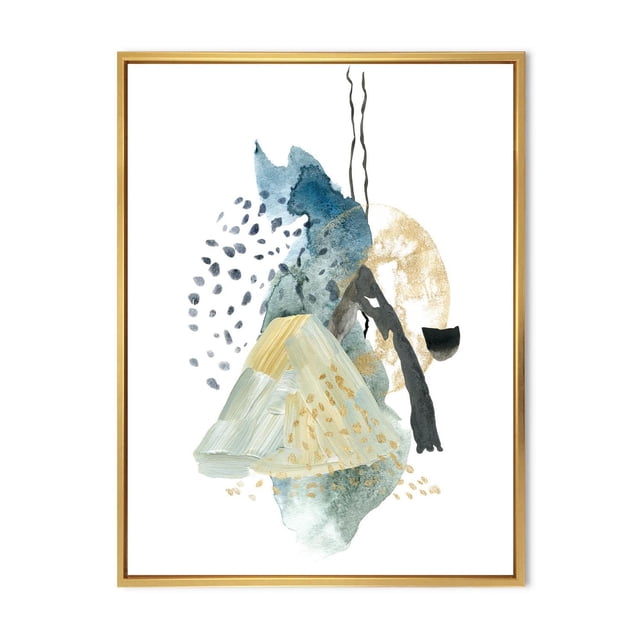 Designart Gouache de Paysage Abstrait avec Cadre Flottant Lune de Montagne ART Mural Présentant une composition Moderne Abstraite avec des Coups de Pinceau Gouache Superposés Bleu et beige, accents Dorés et Éléments Linéaires Noirs sur Toile de Coton de Qualité Supérieure Tendue sur un sous-Cadre en Bois de 1 Po dans un Cadre Flottant en Bois Clair, Prêt à Accrocher et Adapté pour Rehausser la Déco Contemporaine de la Maison.