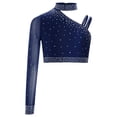 thumbnail image 3 of Manyakai Kids Girls Shiny Rhinestone Jazz Latin Modern Lyrical Dance Crop Tops Irregular Shoulder Navy Blue 12, 3 of 7