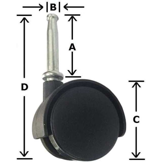 LAICAIW NUWEISHI caster wheel for Ridgid Wet Dry Shop Vac, featuring a high-grade nylon plastic wheel with a metal stem. Dimensions include A = 1-3/4 inch (4.4 cm), B = 1/4 inch (0.64 cm), C = 1-9/16 inch (4 cm), and D = 3-7/16 inch (8.7 cm). Designed for smooth, noise-free rolling and durability, suitable for protecting hardwood floors. Includes a set of 4 caster wheels.