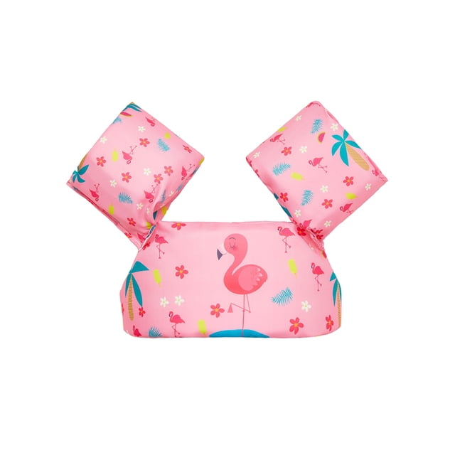 Honganda Swimming Ring Pool Cartoon Life Jacket Safety Vest Puddle Jumper in a vibrant pink design featuring flamingos, palm trees, and flowers. Made of durable polyester with double stitching for tear resistance, it includes arm wings and an adjustable belt buckle for a secure fit. Suitable for children aged 2-6 years, this buoyancy vest is ideal for swimming in pools, lakes, or the sea. The kid-friendly design ensures comfort and safety while helping beginners build water confidence. Note: Use under continuous supervision.