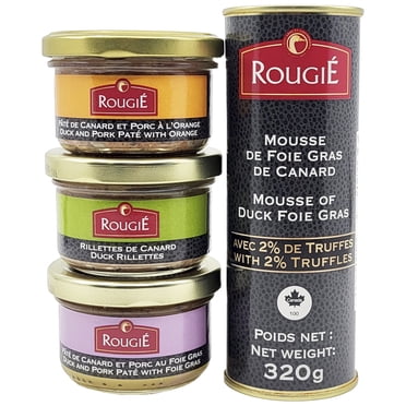 Rougie Foie Gras Mousse with Truffle & Spreads 4-Pack - Mousse of Duck Foie Gras with Truffles, Pate with Foie Gras, Rillettes and Pâté with Orange, Product of Canada