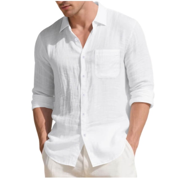 LNWUY Men's Linen Shirts Casual Button Down Long Sleeve Shirt Solid Spread Collar Summer Beach Shirts with Pocket White L