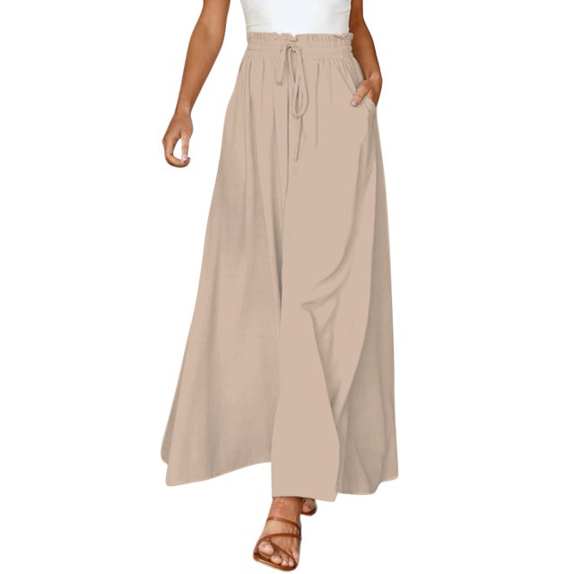 GZWYHT Wide Leg Pants,Palazzo Pants,Women's Wide Leg Pants Flowy Ruffle Solid Color Drawstring Waist Pants,Flowy Pants,High Waisted Pants,Sweatpants Women,Beige,L