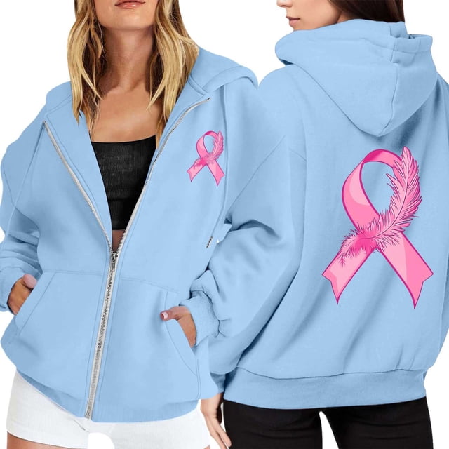 Women's Cancer Awareness Zip Up Hoodie Long Sleeve Pullover with Pocket Casual Drawstring Sweatshirt