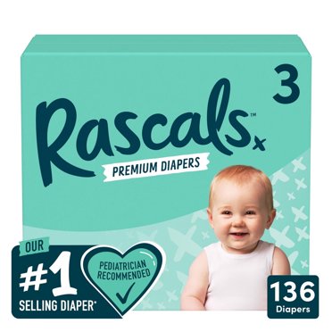 Rascals Premium Absorbent Baby Diapers, Size 3, Carton, 136 Count