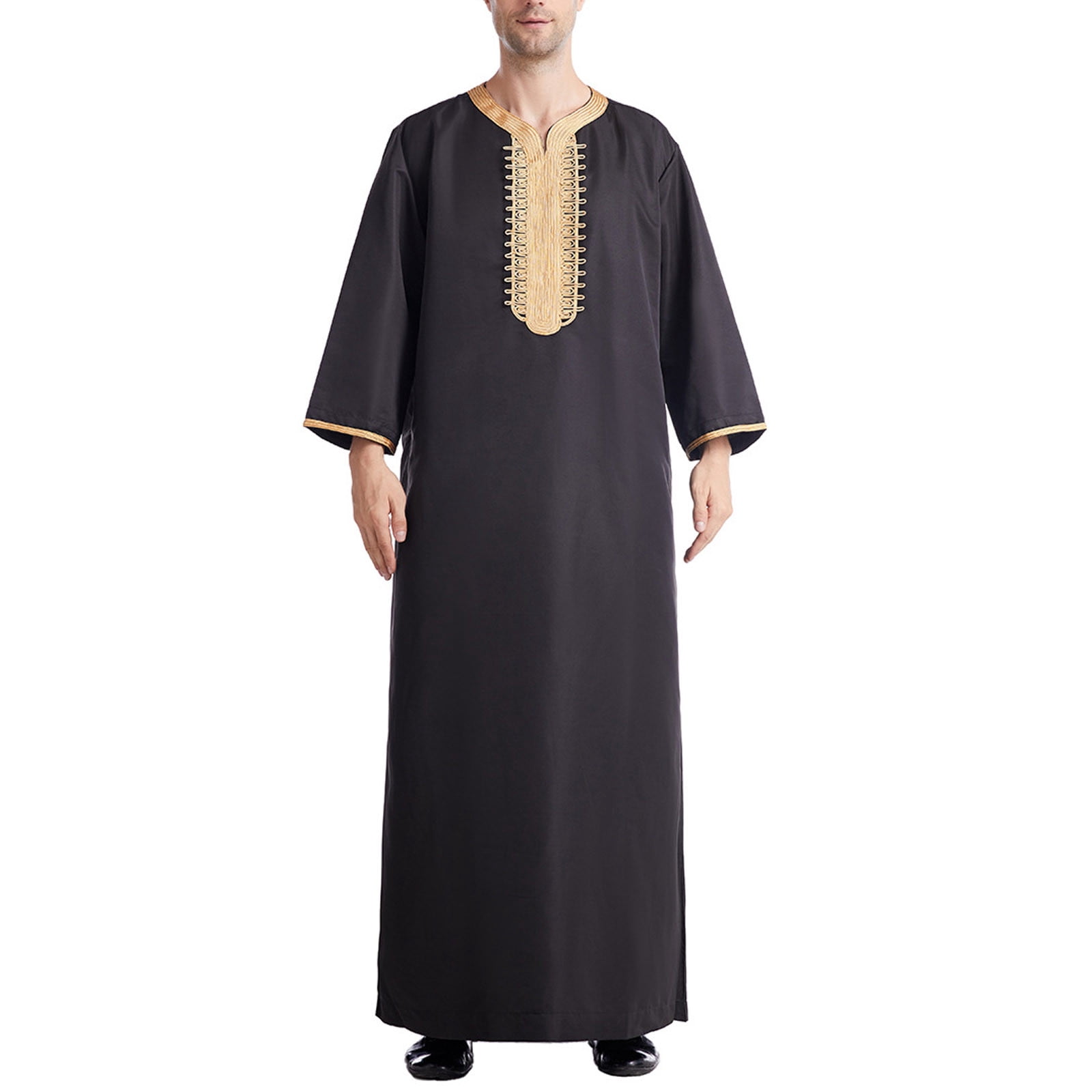 Birdeem Robe Musulmane pour Homme Robe Arabe Mi-Longue Style Manches 8/4 Brodée Col Montant Poche Longue Chemise Mode Décontractée Robe