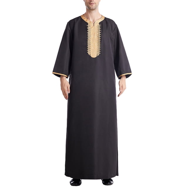 Birdeem Robe Musulmane pour Homme Robe Arabe Mi-Longue Style Manches 8/4 Brodée Col Montant Poche Longue Chemise Mode Décontractée Robe