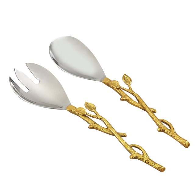Heim Ensemble de Salade à Feuilles Dorées Concept Comprenant une Paire de Serveurs à Salade de 12 Pouces avec Poignées à Feuilles Dorées et Têtes en Acier Inoxydable. le design Décoratif et Fonctionnel Comprend une Cuillère et une Fourchette, Parfait pour Servir des Salades Lors d'Événements Spéciaux Ou de Fêtes. Fabriqué à la Main avec des Détails Complexes de Vigne Dorée, Cet Ensemble Est Seulement Lavable et Sec à la Main.