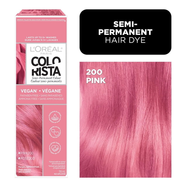L'Oréal Paris Colorista Semi Permanente Hair Color in 200 Pink shade, showing the product box with pink hair color swatch, vegan and ammonia-free formula, suitable for pre-lightened hair and all hair types, semi-permanent dye lasting up to 5+ washes.