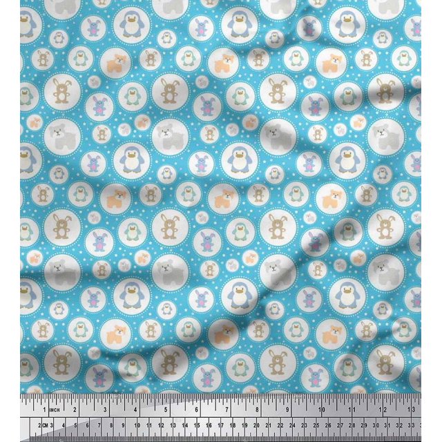 Soimoi Polyester Crepe Fabric Star & Cute Animals Kids Print Fabric by Yard 52 Inch Wide