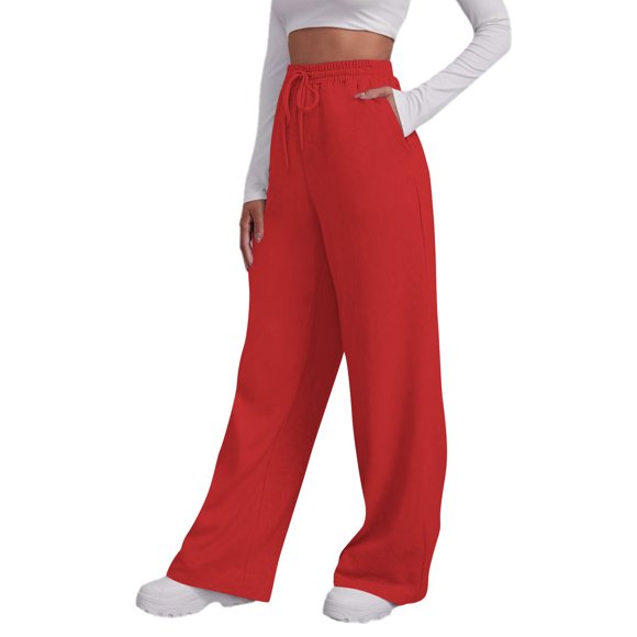 JGGSPWM Women's Wide Leg Sweatpants Solid Color Drawstring Baggy Sweatpants High Waisted Casual Trousers Jogger Pants Red XL