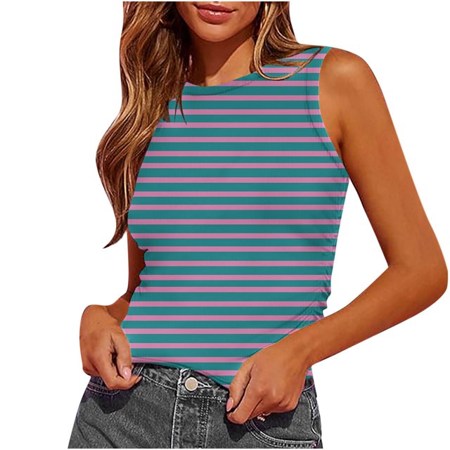 Dealovy Womens Tank Tops Summer Sleeveless Crew Neck Slim Fitted Striped Print Basic Tees Shirts