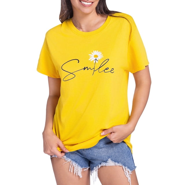 LUOGENLI T-shirts pour Femme pour Femmes T-shirts pour Femmes Motif Imprimé Tournesol Col Rond Manches Courtes T-Shirt Haut T-shirts pour Femmes T-shirts Graphiques T-shirts de Pêche T-shirts de la Saint-Valentin pour Femmes T-Shirt Graphique Pâques Jaune TTG