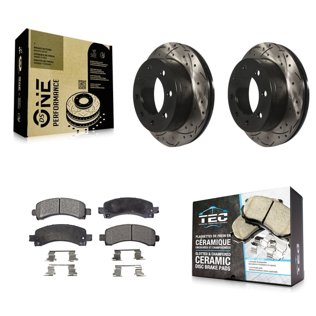 Transit Auto Rear Coated Drilled Slotted Disc Brake Rotors and Ceramic Pads Kit for Car Chevrolet GMC Express 2500 Savana 3500 KDT-100427