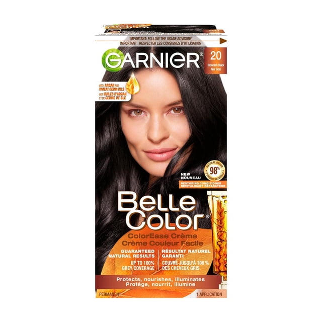 Garnier Belle Color Permanent Hair Dye 20 Brownish Black box displaying dark brown hair with natural multi-tonal shine, ColorEase Crème formula enriched with argan and wheat germ oils, providing up to 100% grey coverage and nourishing, illuminating hair care in one application.