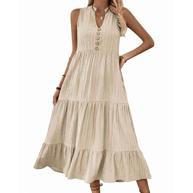 Robe Chemise Sans Manches d'Été 2025 pour Femmes Col en V Décontractée Midi L