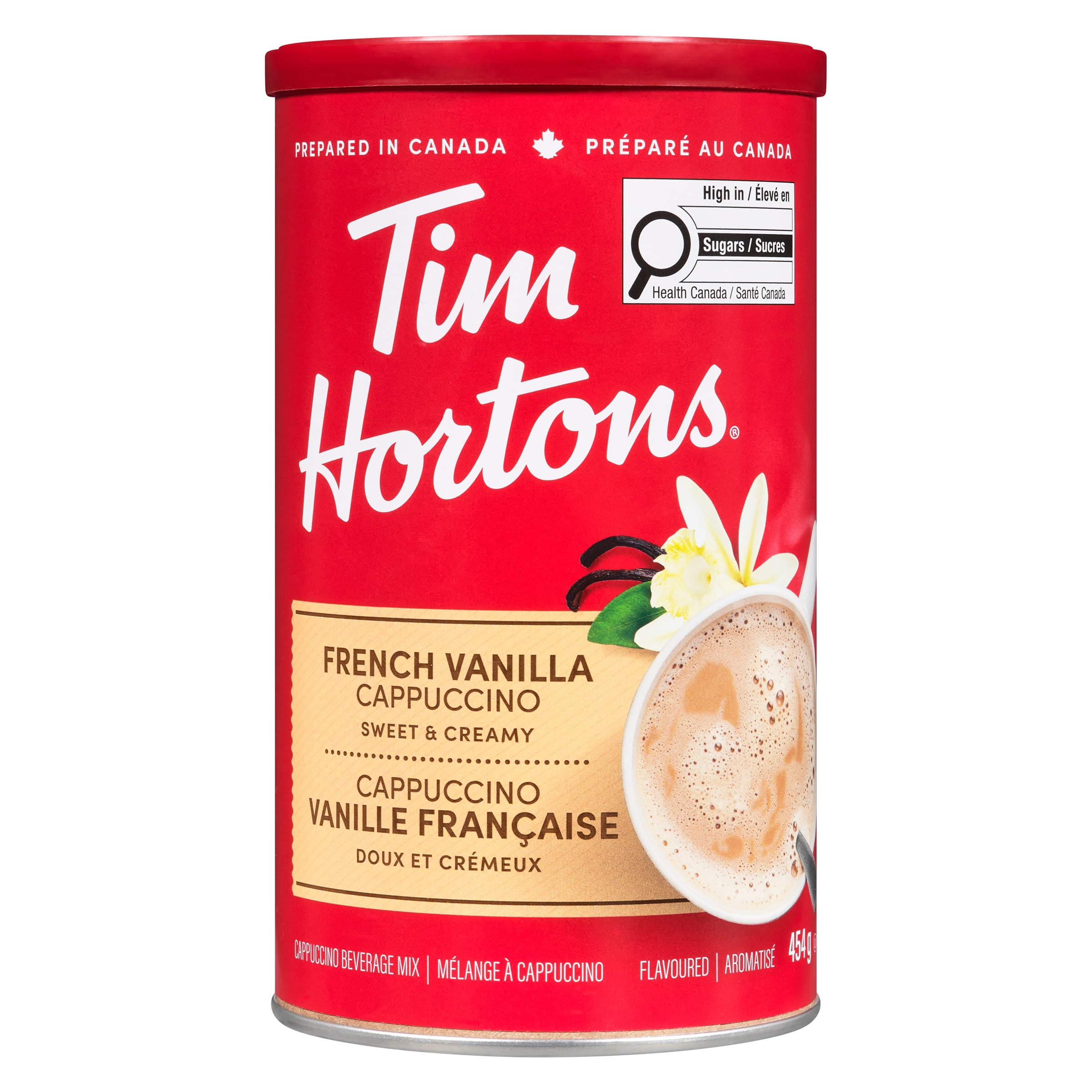 Mélange pour cappuccino vanille française Tim Hortons pratique et facile à Préparer, pour un goût sucré et crémeux, boîte de 454g