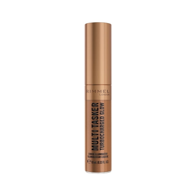 Rimmel Multi Tasker Turbocharged Glow liquid illuminator in a bronze cylindrical bottle with metallic cap, labeled with black text and containing 10 ml (0.33 fl oz). It features light-reflecting pearls and vitamins C and E for a buildable, radiant glow suitable for enhancing facial luminosity.