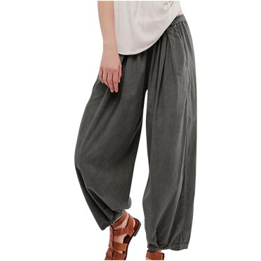 Timegard Womens Cotton Linen Pants Elastic Waist Baggy Trend Casual Trousers with Pockets Streetwear