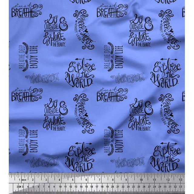 Soimoi Blue Georgette Viscose Fabric Explore The World Text Printed Fabric 1 Yard 42 Inch Wide