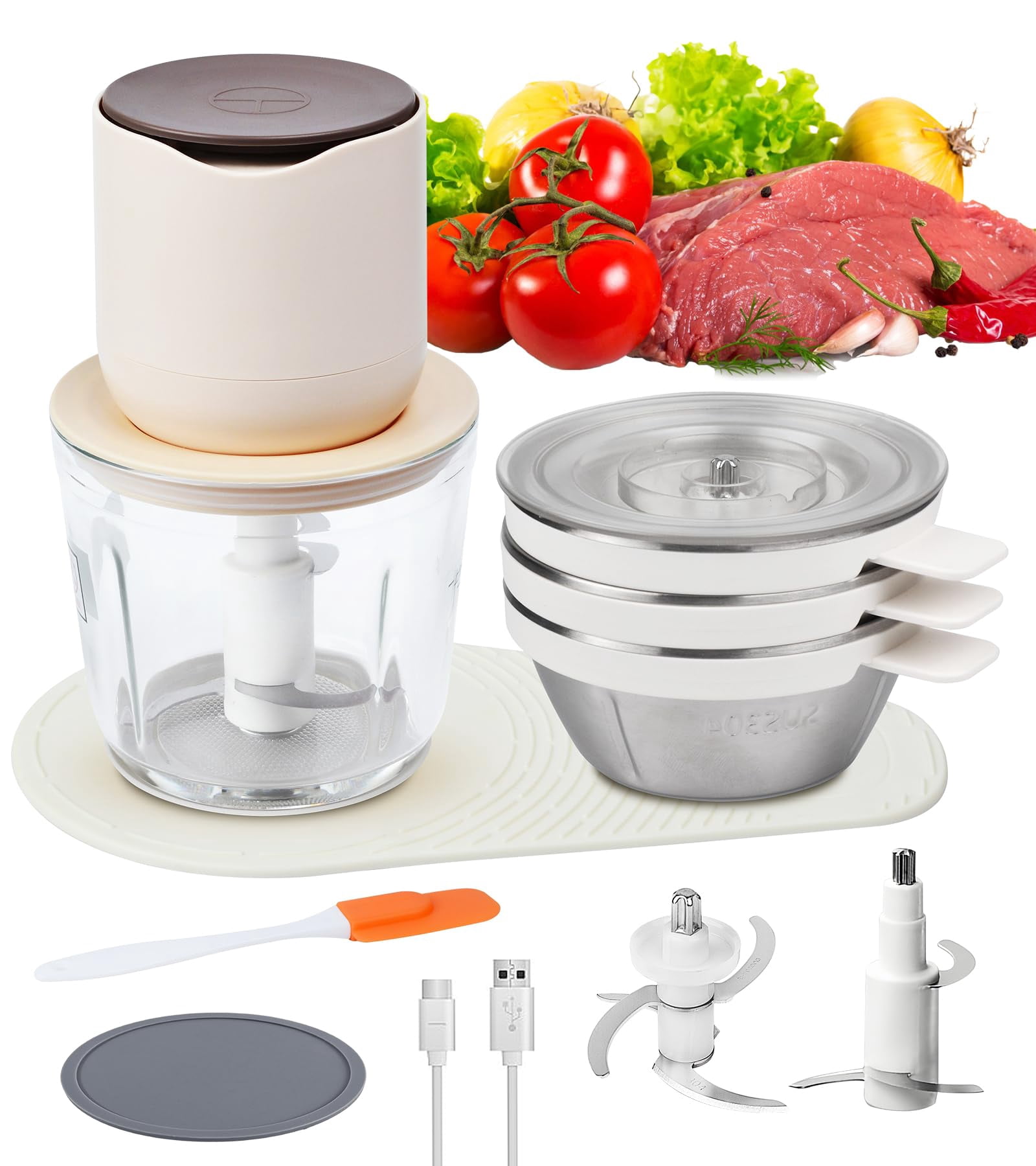 4-in-1 Small Food Processor Cordless Set with 600ml Glass Bowl, 3*240ml Stainless Steel Bowls and 3+4 Blades, USB-C Rechargeable Battery Mini Meat Ve