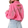 thumbnail image 4 of Diconna Women Crop Jean Jacket Casual Button down Ripped Denim Jacket with Rhinestone Tassel Fall Outwear, 4 of 8