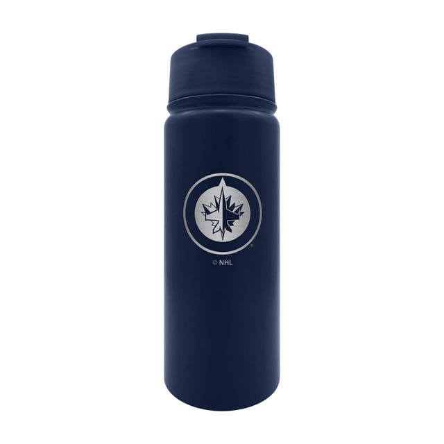 OFFICIALLY LICENSED NHL 18OZ EXECUTIVE WATER BOTTLE WINNIPEG JETS in navy blue 18/8 stainless steel with double-wall vacuum insulation, featuring a silver Winnipeg Jets logo, spill-resistant lid, and wide mouth for ice, ideal for keeping drinks hot or cold during sports or outdoor use.