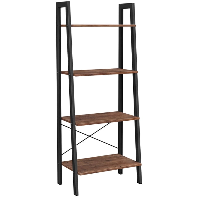 VASAGLE Ladder Shelf, 4-tier bookshelf and storage rack with a steel frame and particleboard shelves in hazelnut brown and black. Features a sturdy industrial design with X-bars for stability, adjustable feet, and an anti-tip kit. Suitable for kids' furniture, living rooms, home offices, kitchens, or bedrooms. Dimensions: 12.6”D x 22”W x 54.1”H.
