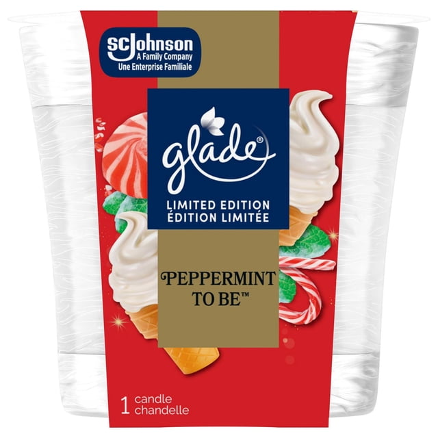 Glade limited edition Peppermint To Be scented candle air freshener featuring peppermint candy and soft serve ice cream visuals on red packaging.