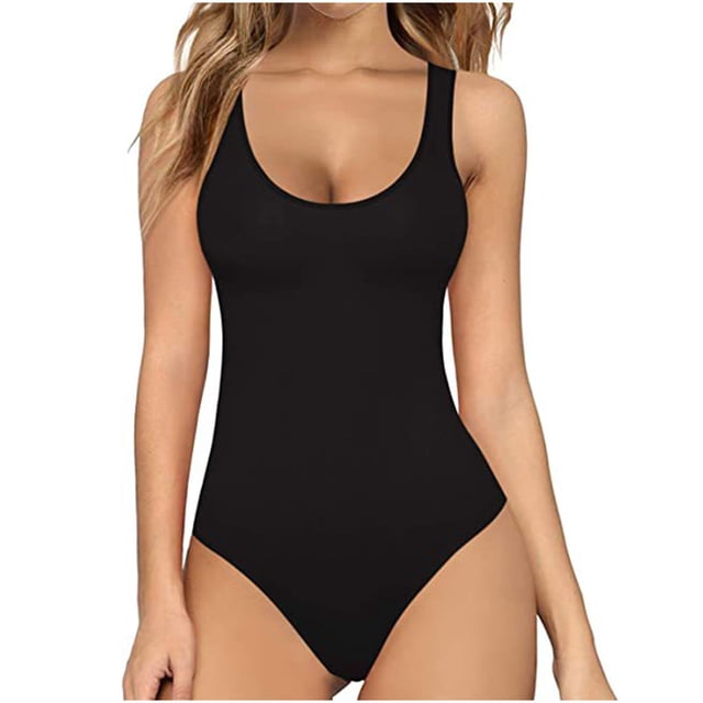 Pièce Combinaison Gainante une pour Femme à Col Rond Sans Manches Unie en Noir. Ce Justaucorps Présente une Encolure Ronde, un design Sans Manches et un style Échancré pour une Coupe Flatteuse. Fabriqué en polyester, le Tissu Est Élastique, Lisse et durable, Offrant Confort et Soutien. Convient aux occasions d'Été comme le Port Quotidien Ou les Sorties au Bord de la Mer.