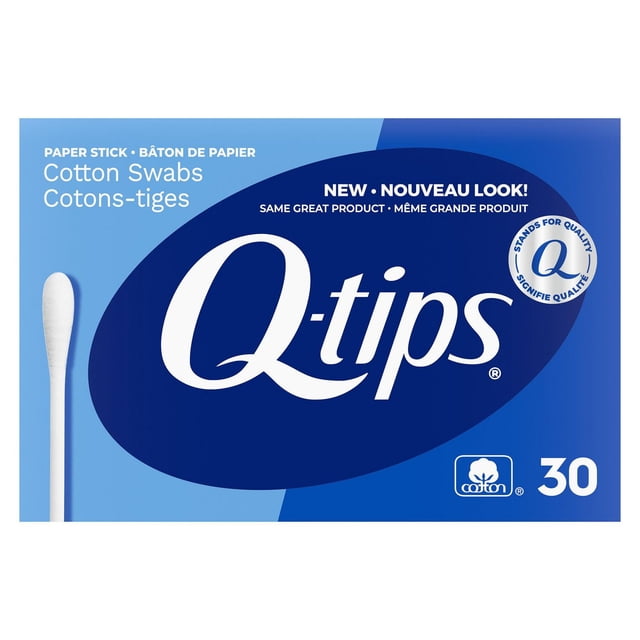Q-Tips Cotton Swabs box with 30 paper stick swabs, featuring a blue gradient background and large white Q-tips logo, highlighting new packaging and quality assurance, ideal for travel size personal care and cosmetic applications.