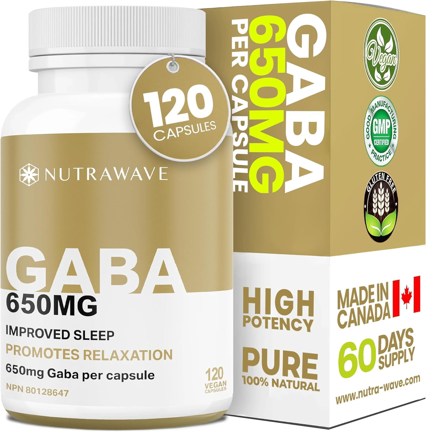 Nutrawave GABA 650 mg – Relaxation & Sleep Support, Nervous System Support, 120 Vegan Capsules, Non-GMO, Gluten-Free, Made in Canada