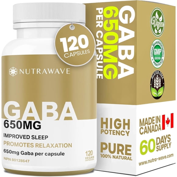 Nutrawave GABA 650 mg – Relaxation & Sleep Support, Nervous System Support, 120 Vegan Capsules, Non-GMO, Gluten-Free, Made in Canada