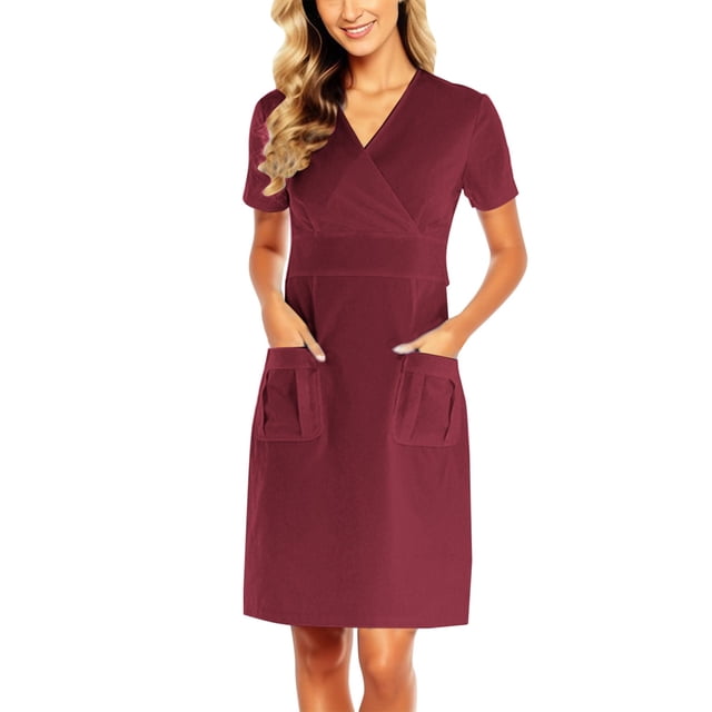 XDZJLR Robes pour Femmes Formelles Courtes avec Poche Manches de Travail Uni Col en V Jupe Unie