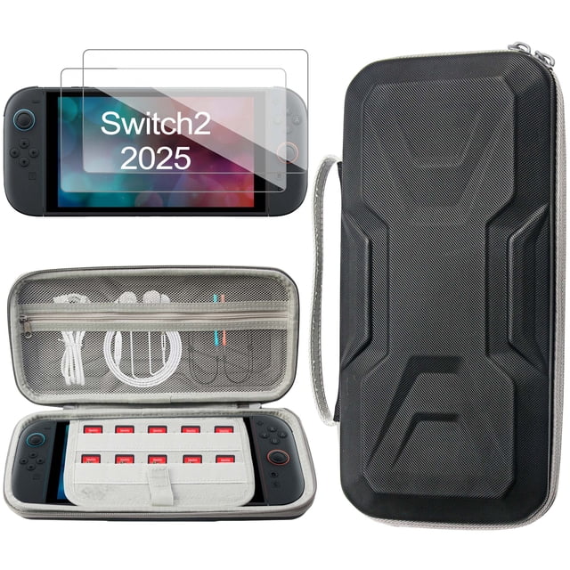 Carrying Case for Nintendo Switch 2, Armored Mech Design, Hard Shell Waterproof Portable Travel Carry Case Game Storage Bag with 2 Screen Protectors - Black