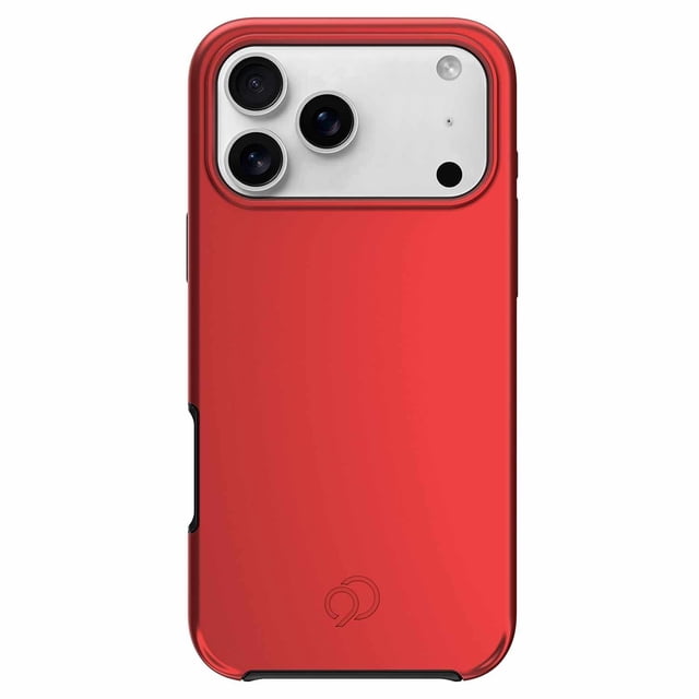 Nimbus9 Cirrus 3 MagSafe Case Crimson for iPhone 17 Pro Max shown from the back with a crimson red dual-layer design featuring 3D HEXA PATTERN shock absorption, RISEGUARD corner fins, and precise cutouts for the triple camera system, compatible with MagSafe accessories and built for drop protection up to 20ft, also suitable for active phone protection.