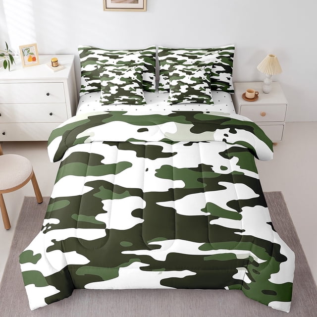 Ensemble de Lit Complet Camouflage avec Draps 7 Pcs Vert Armée Ensemble de Couette Camouflage Ensemble de Literie Camouflage Abstrait pour Enfants Garçons Adultes Ensemble de Lit Réversible