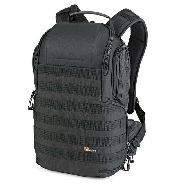Lowepro ProTactic BP 350 AW II 16L Green Line Camera and Laptop Backpack in black, featuring a rugged design with FormShell technology for impact protection. The backpack includes four access points—top, back, and both sides—for quick and secure access to gear. It has a CradleFit compartment for a 13-inch laptop, an ActivZone back panel for comfort and ventilation, and a modular SlipLock system for attaching accessories like a tripod or water bottle. Designed for standard DSLR cameras, it includes a removable utility waist belt, smartphone pouch, and tripod cup.