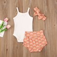 thumbnail image 3 of Infant Baby Girls Summer Suit Set Knitted Suspender Romper Top+Print Short Pants +Headband 3PCS Outfit, 3 of 5