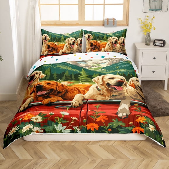 Erosebridal Kawaii Dog Comforter Cover Queen,Floral Flower Bedding Sets Queen Size,Truck Decor,Reversible,3pcs(No Comforter)