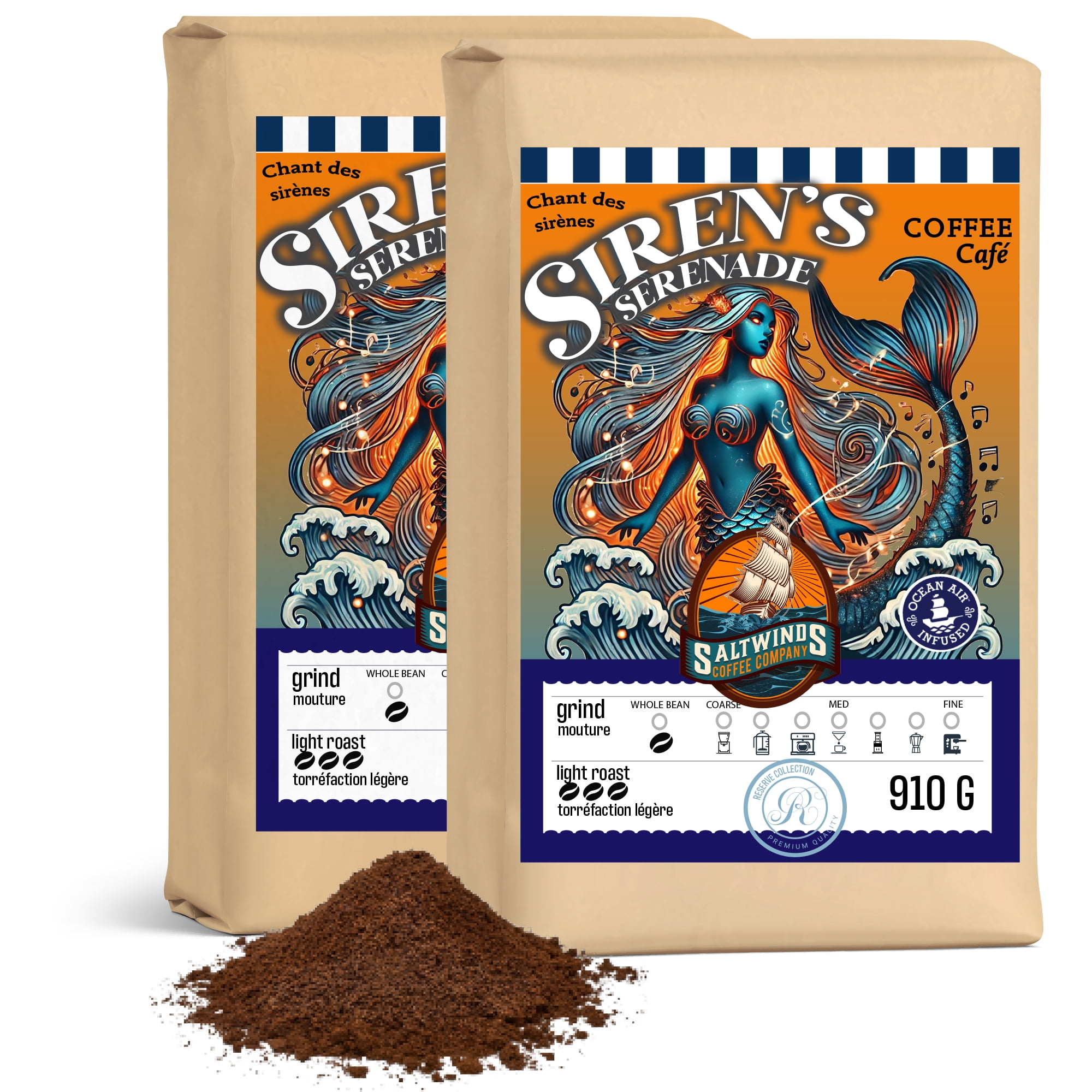 Sirens Serenade Light Roast Coffee  (2x910g Ground)  | Ocean Air Infused | Canadian-Roasted Light Roast Coffee