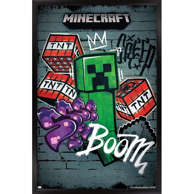 Minecraft - Affiche « Creeper don't Enter » pour Mur, 22,375 Po x 34 Po, Représentant un Creeper Vert Orienté vers l'Avant avec un Visage Pixélisé sur un Fond de Mur en Briques Gris. Autour de Lui, des Blocs TNT Rouges Étiquetés « TNT », un graffiti Violet et le Mot « Boom » en script Blanc. Le logo Minecraft Est en Haut. Cette Impression d'Art Mural Brillante Offre une Déco de Pièce Vibrante, Convient aux Chambres, Bureaux Ou Zones de Jeu